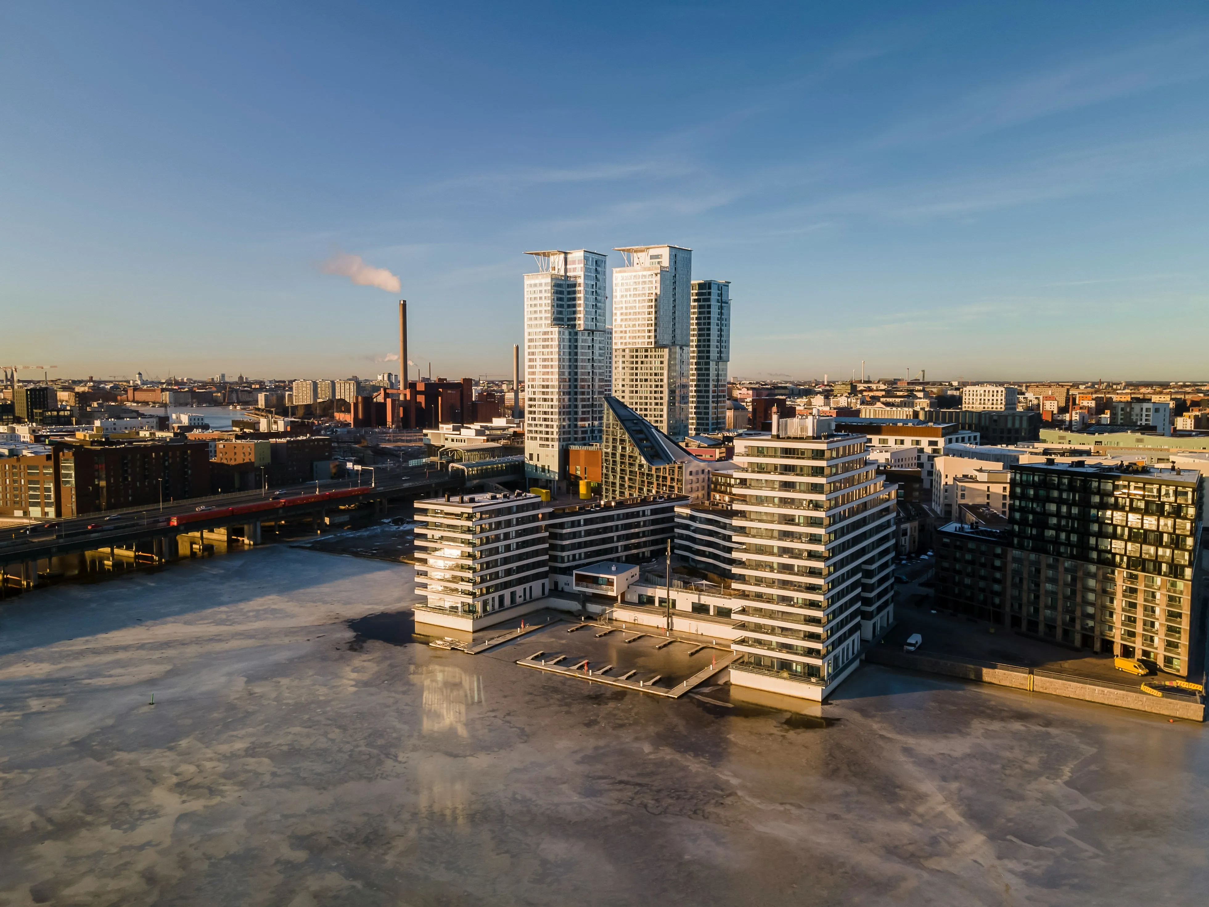 Aerial view of Kalasatama, Helsinki, on a winter morning